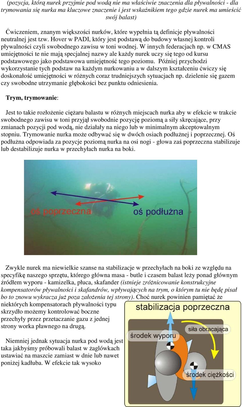 Hover w PADI, który jest podstawą do budowy własnej kontroli pływalności czyli swobodnego zawisu w toni wodnej. W innych federacjach np.