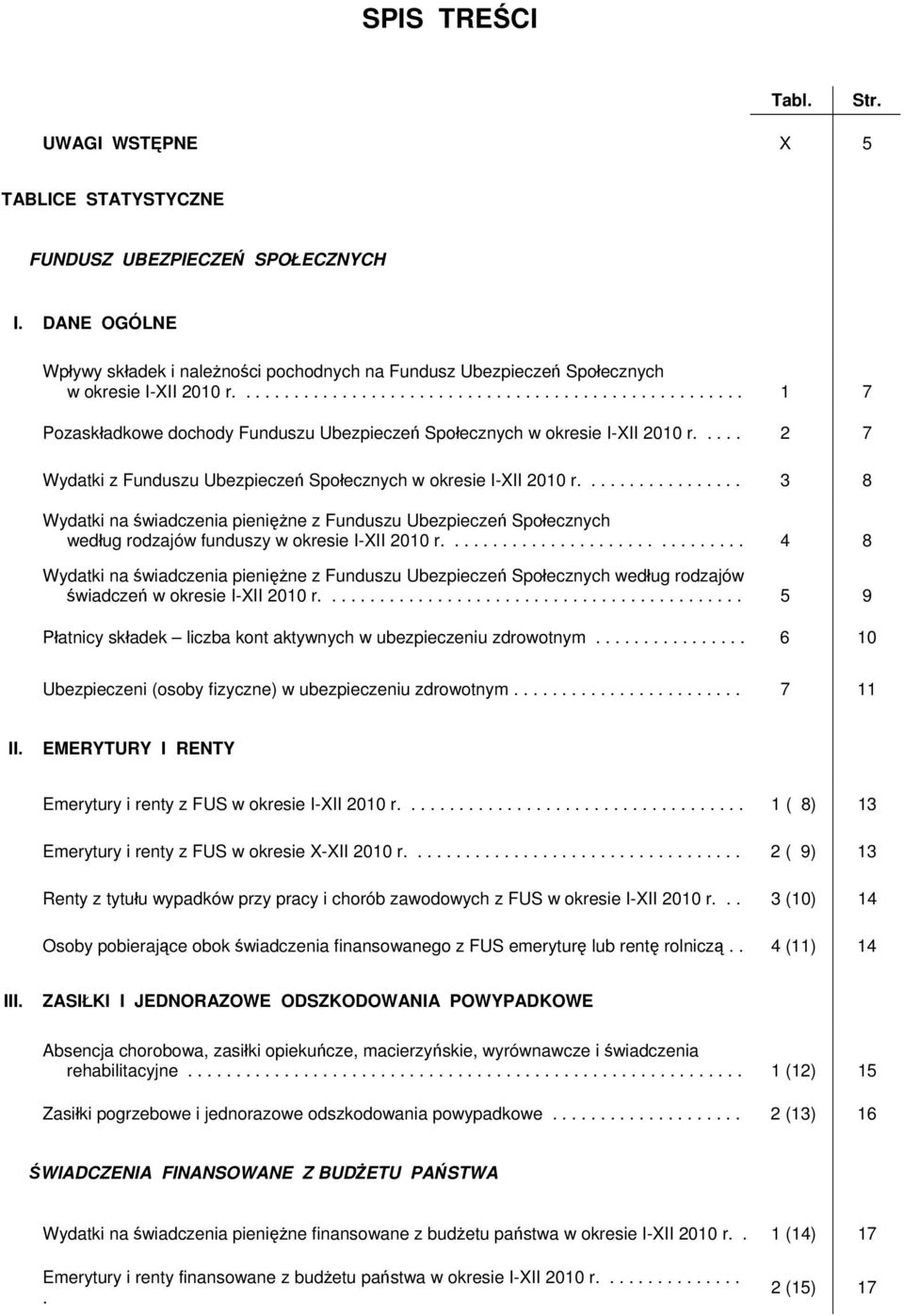 .... 2 7 Wydatki z Funduszu Ubezpieczeń Społecznych w okresie I-XII 2010 r................. 3 8 Wydatki na świadczenia pieniężne z Funduszu Ubezpieczeń Społecznych według rodzajów funduszy w okresie I-XII 2010 r.