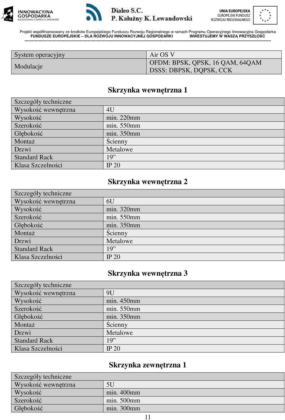 350mm Montaż Ścienny Drzwi Metalowe Standard Rack 19 Klasa Szczelności IP 20 Wysokość wewnętrzna 9U Wysokość min. 450mm Szerokość min. 550mm Głębokość min.