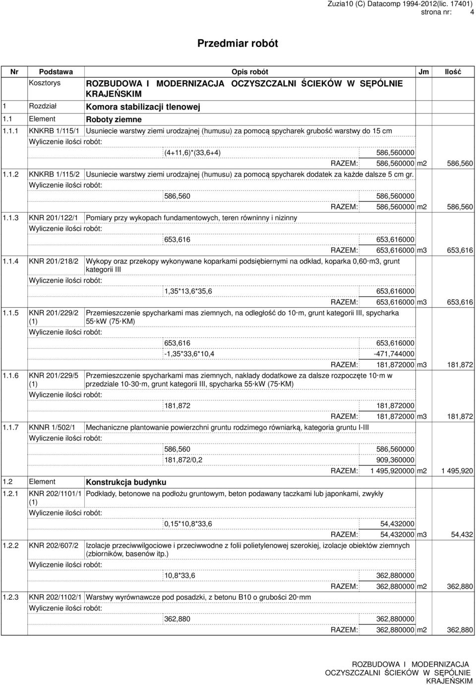 1 Element Roboty ziemne 1.1.1 KNKRB 1/115/1 Usuniecie warstwy ziemi urodzajnej (humusu) za pomocą spycharek grubość warstwy do 15 cm (4+11,6)*(33,6+4) 586,560000 RAZEM: 586,560000 m2 586,560 1.1.2 KNKRB 1/115/2 Usuniecie warstwy ziemi urodzajnej (humusu) za pomocą spycharek dodatek za każde dalsze 5 cm gr.