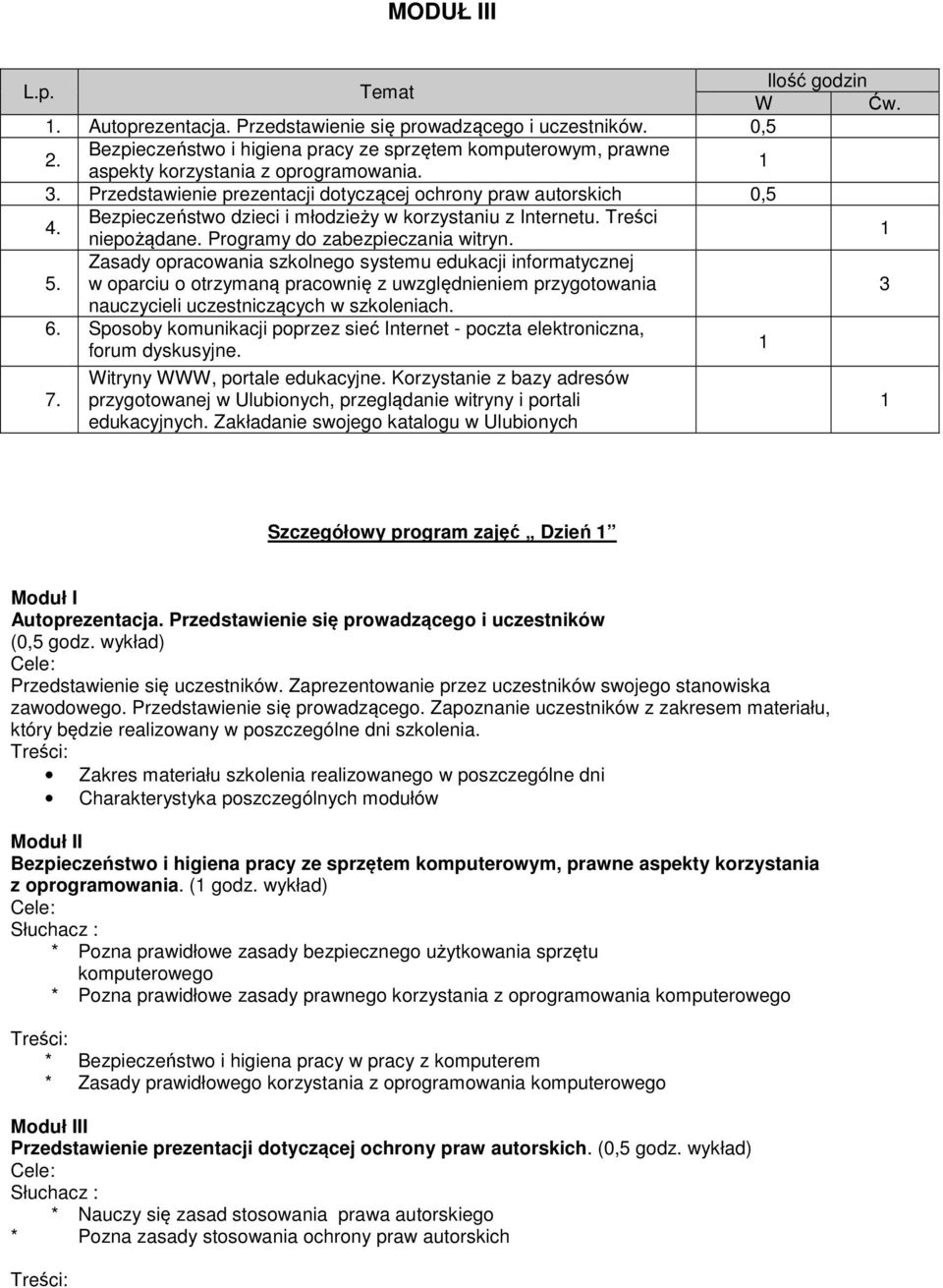 Zasady opracowania szkolnego systemu edukacji informatycznej w oparciu o otrzymaną pracownię z uwzględnieniem przygotowania 3 nauczycieli uczestniczących w szkoleniach. 6.