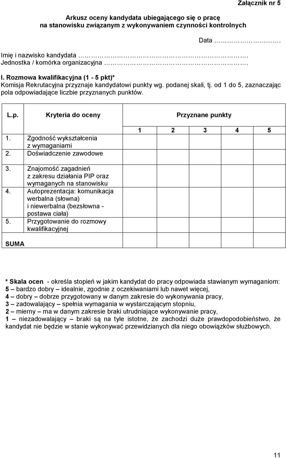 od 1 do 5, zaznaczając pola odpowiadające liczbie przyznanych punktów. L.p. Kryteria do oceny Przyznane punkty 1. Zgodność wykształcenia z wymaganiami 2. Doświadczenie zawodowe 1 2 3 4 5 3.