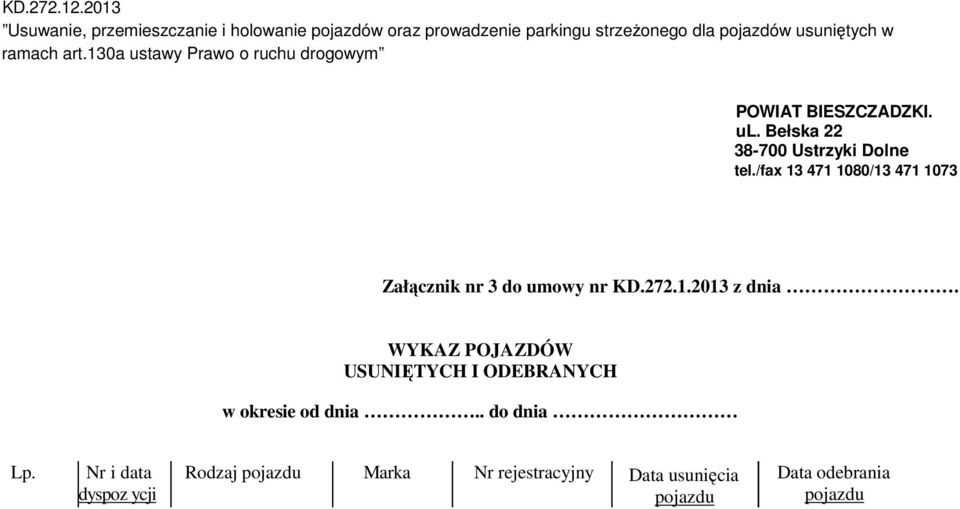 WYKAZ POJAZDÓW USUNIĘTYCH I ODEBRANYCH w okresie od dnia.. do dnia Lp.