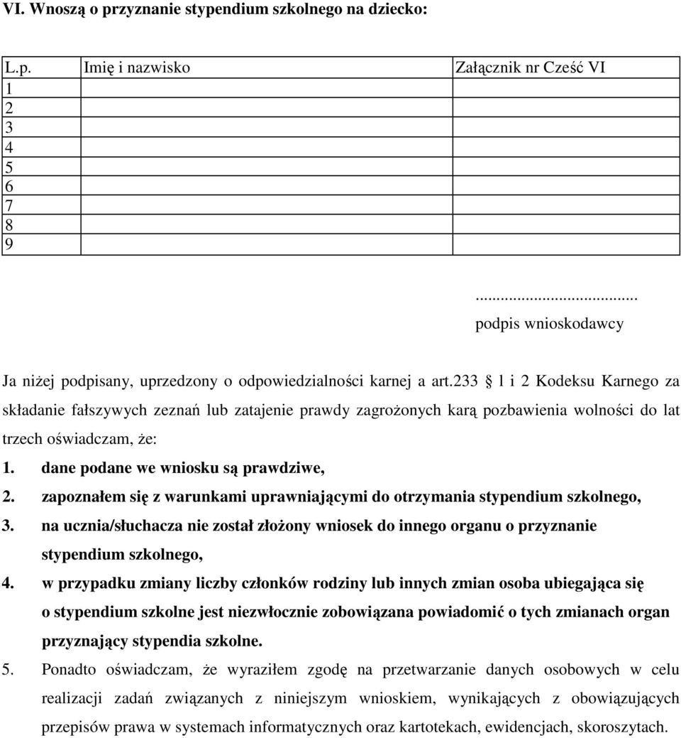 233 l i 2 Kodeksu Karnego za składanie fałszywych zeznań lub zatajenie prawdy zagrożonych karą pozbawienia wolności do lat trzech oświadczam, że: 1. dane podane we wniosku są prawdziwe, 2.