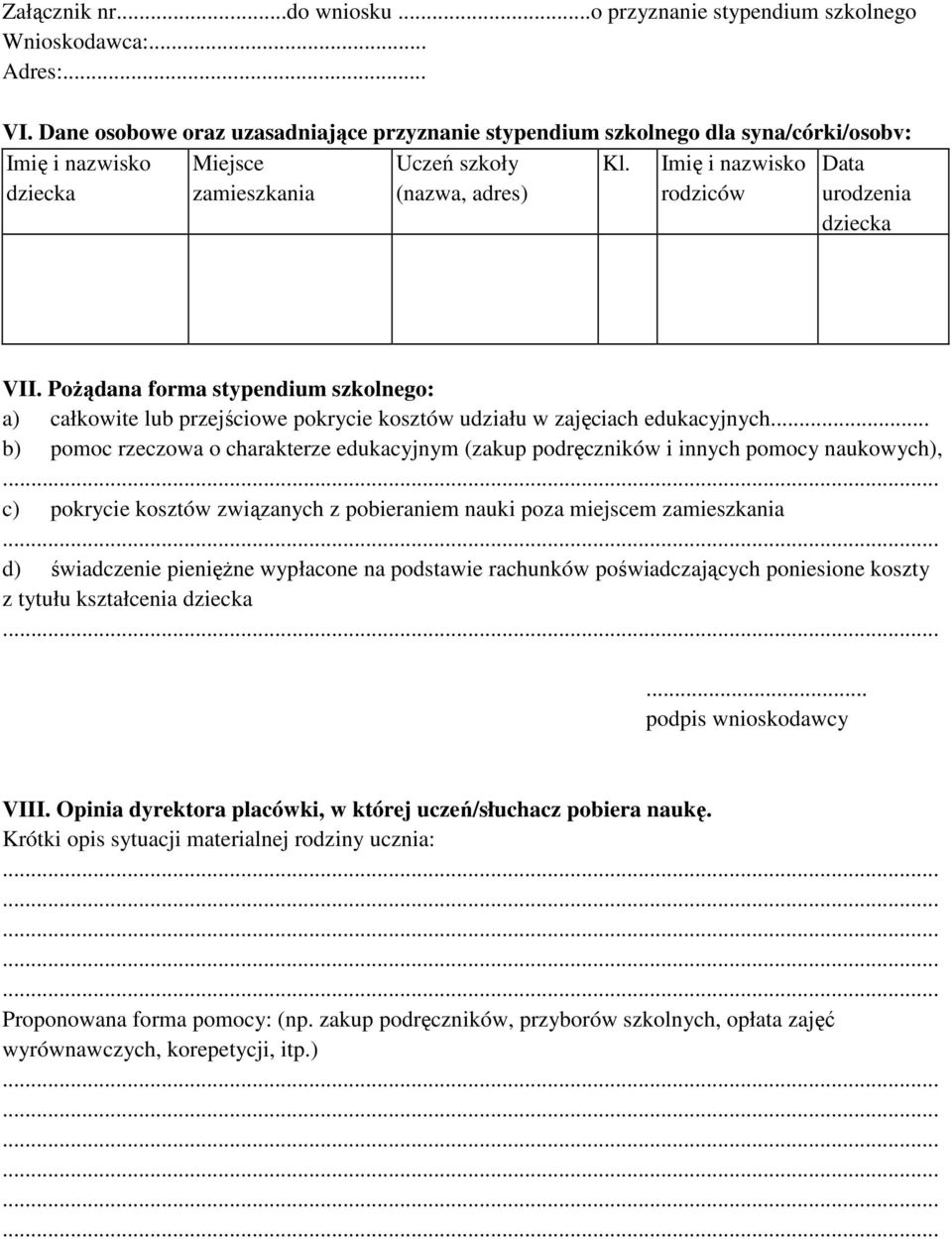 Imię i nazwisko Data dziecka zamieszkania (nazwa, adres) rodziców urodzenia dziecka VII.