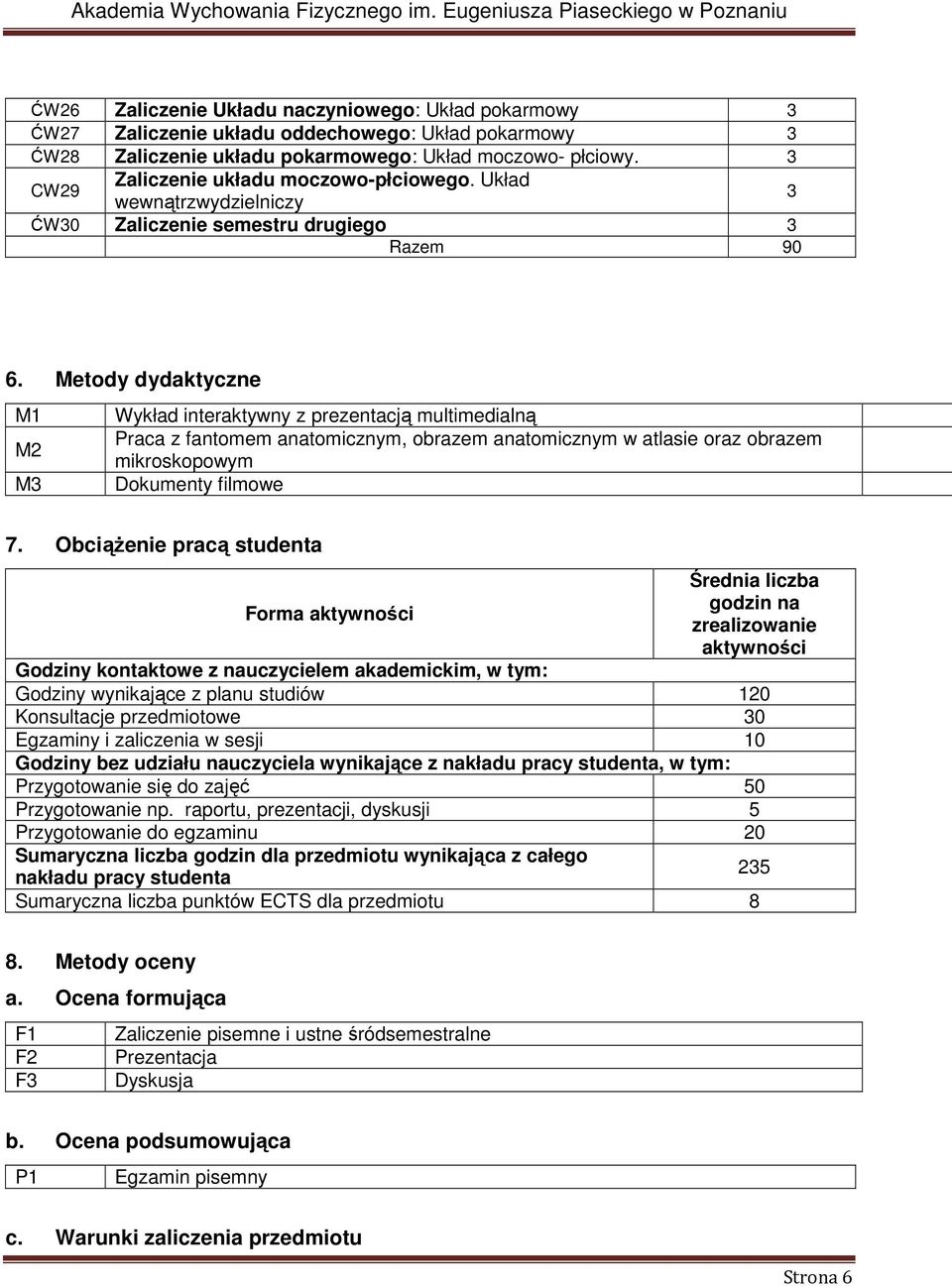 Metody dydaktyczne M1 Wykład interaktywny z prezentacją multimedialną M Praca z fantomem anatomicznym, obrazem anatomicznym w atlasie oraz obrazem mikroskopowym M Dokumenty filmowe 7.