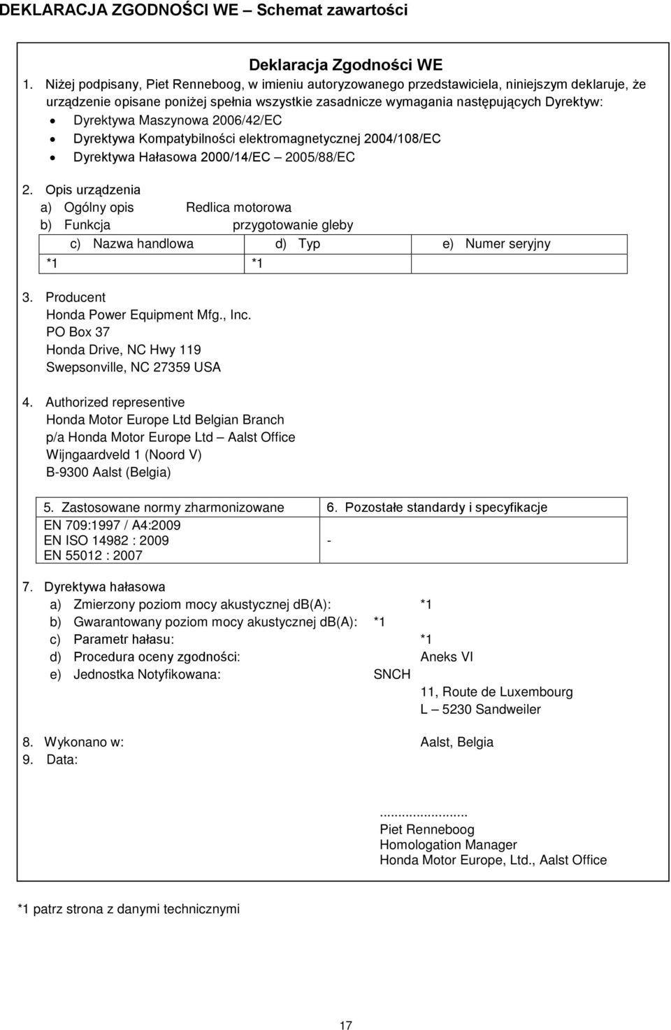 Maszynowa 2006/42/EC Dyrektywa Kompatybilności elektromagnetycznej 2004/108/EC Dyrektywa Hałasowa 2000/14/EC 2005/88/EC 2.