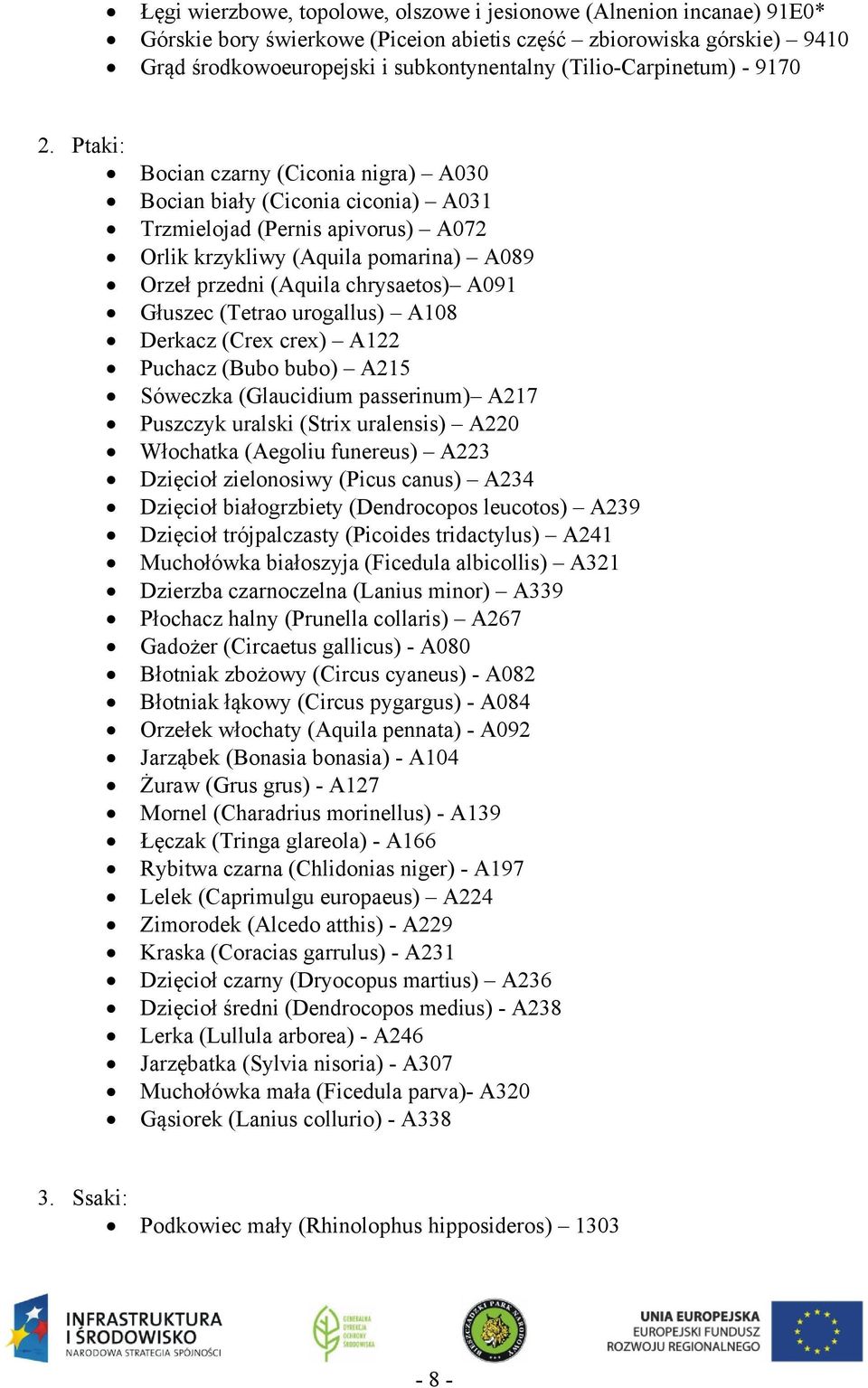 Ptaki: Bocian czarny (Ciconia nigra) A030 Bocian biały (Ciconia ciconia) A031 Trzmielojad (Pernis apivorus) A072 Orlik krzykliwy (Aquila pomarina) A089 Orzeł przedni (Aquila chrysaetos) A091 Głuszec