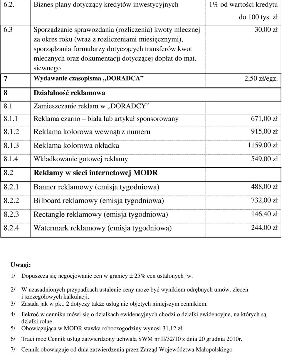 dopłat do mat. siewnego do 100 tys. zł 30,00 zł 7 Wydawanie czasopisma DORADCA 2,50 zł/egz. 8 Działalność reklamowa 8.1 Zamieszczanie reklam w DORADCY 8.1.1 Reklama czarno biała lub artykuł sponsorowany 671,00 zł 8.