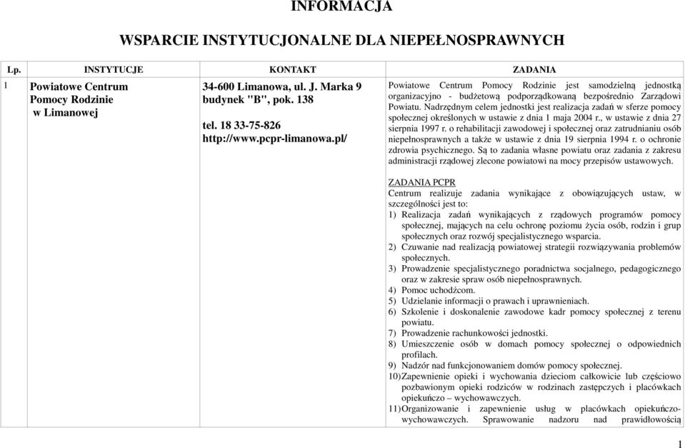 Nadrzędnym celem jednostki jest realizacja zadań w sferze pomocy społecznej określonych w ustawie z dnia 1 maja 2004 r., w ustawie z dnia 27 sierpnia 1997 r.