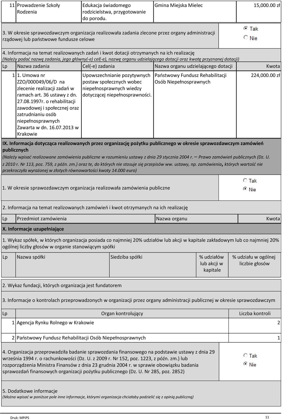 Informacja na temat realizowanych zada± i kwot dotacji otrzymanych na ich realizacjû (Nale y podaµ nazwû zadania, jego g ¾wny(-e) cel(-e), nazwû organu udzielaj cego dotacji oraz kwotû przyznanej