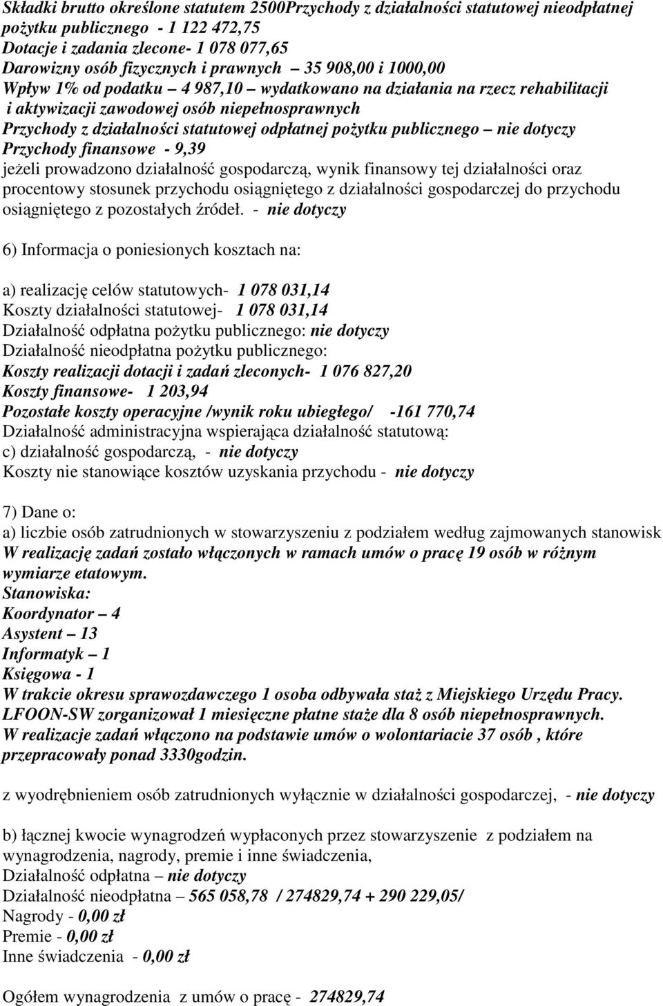 publicznego nie dotyczy Przychody finansowe - 9,39 jeżeli prowadzono działalność gospodarczą, wynik finansowy tej działalności oraz procentowy stosunek przychodu osiągniętego z działalności