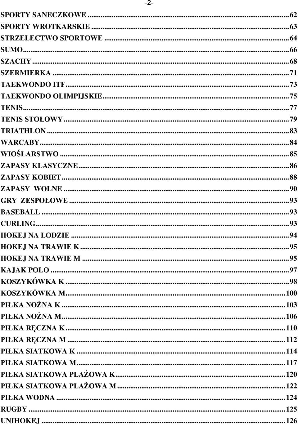 .. 93 HOKEJ NA LODZIE... 94 HOKEJ NA TRAWIE K... 95 HOKEJ NA TRAWIE M... 95 KAJAK POLO... 97 KOSZYKÓWKA K... 98 KOSZYKÓWKA M... 100 PIŁKA NOŻNA K... 103 PIŁKA NOŻNA M.