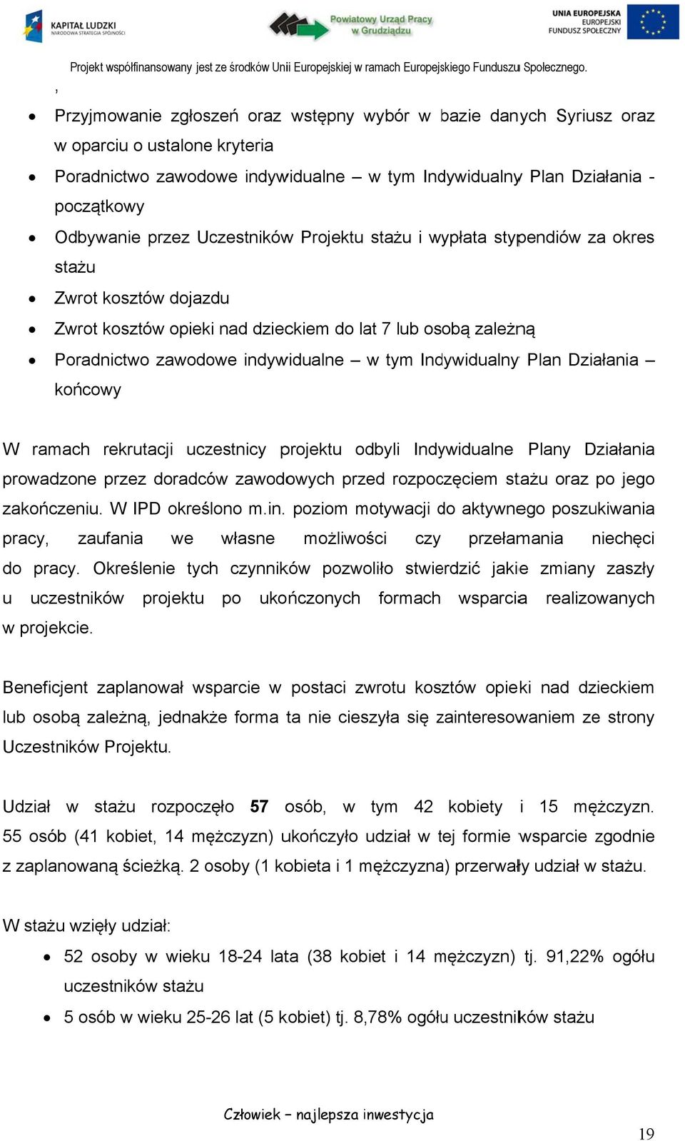 Uczestników Projektu stażu i wypłata stypendiów za okres stażu Zwrot kosztów dojazdu Zwrot kosztów opieki nad dzieckiem do lat 7 lub osobą zależną Poradnictwo zawodowe indywidualne w tym