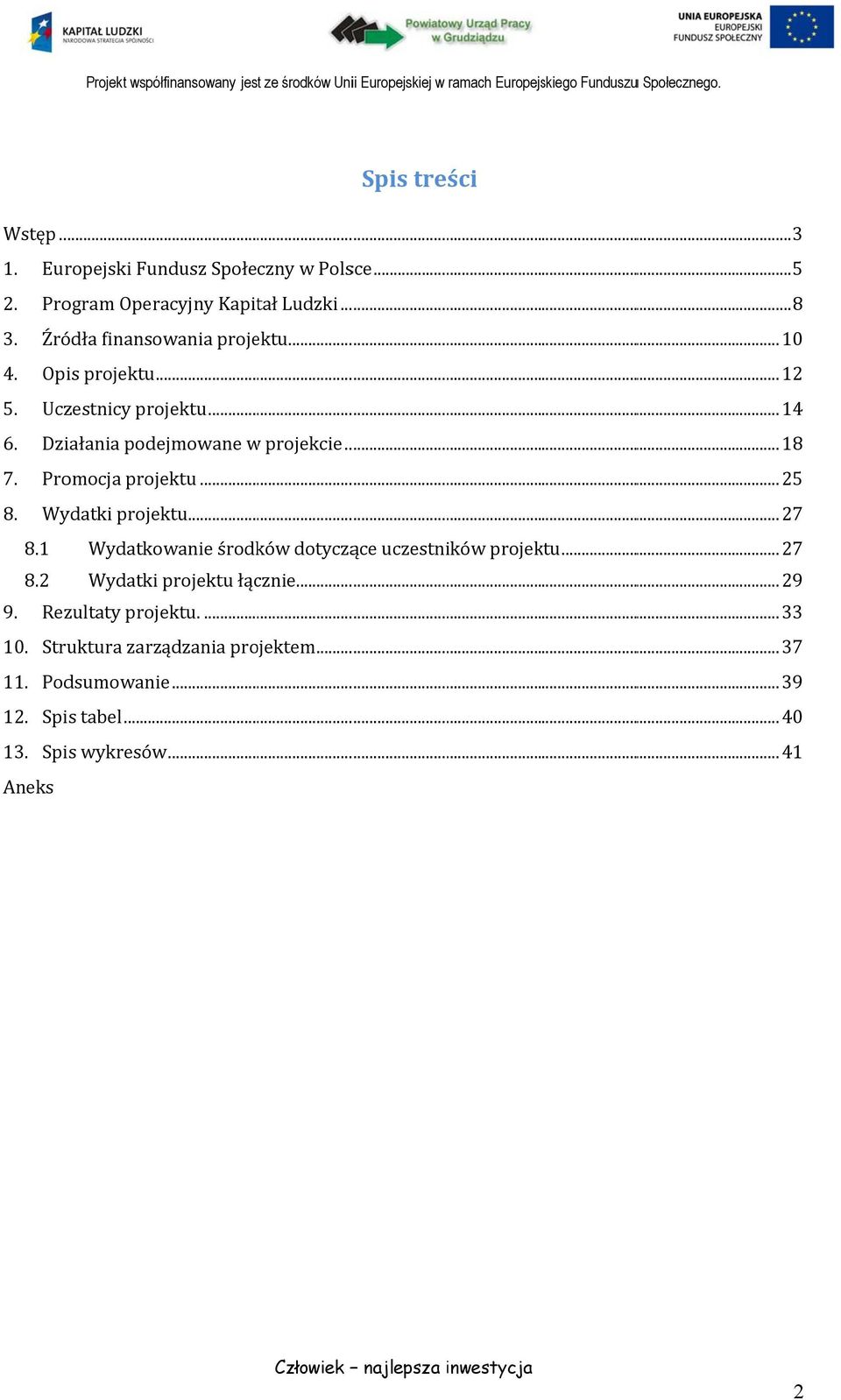 Promocja projektu... 25 8. Wydatki projektu... 27 8.1 Wydatkowanie środków dotyczące uczestników projektu... 27 8.2 Wydatki projektu łącznie.