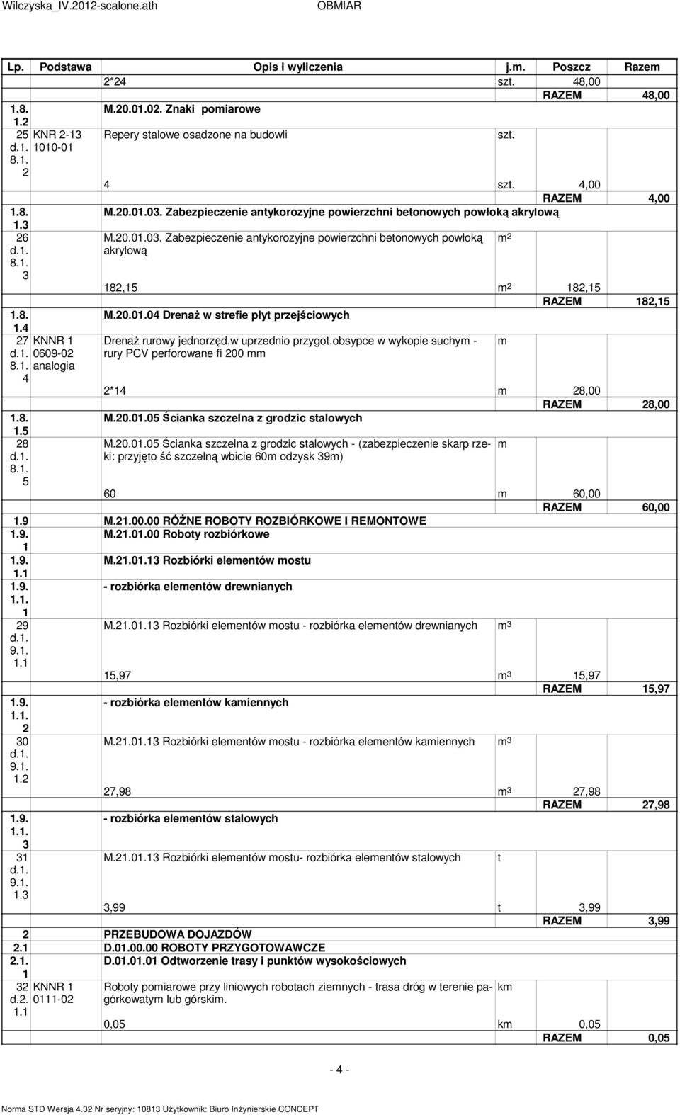 0.0.04 Drenaż w strefie płyt przejściowych Drenaż rurowy jednorzęd.w uprzednio przygot.obsypce w wykopie suchy - rury PCV perforowane fi 00 *4 8,00 RAZEM 8,00 M.0.0.05 Ścianka szczelna z grodzic stalowych M.