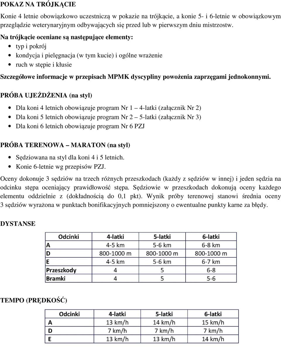 Na trójkącie oceniane są następujące elementy: typ i pokrój kondycja i pielęgnacja (w tym kucie) i ogólne wrażenie ruch w stępie i kłusie Szczegółowe informacje w przepisach MPMK dyscypliny powożenia