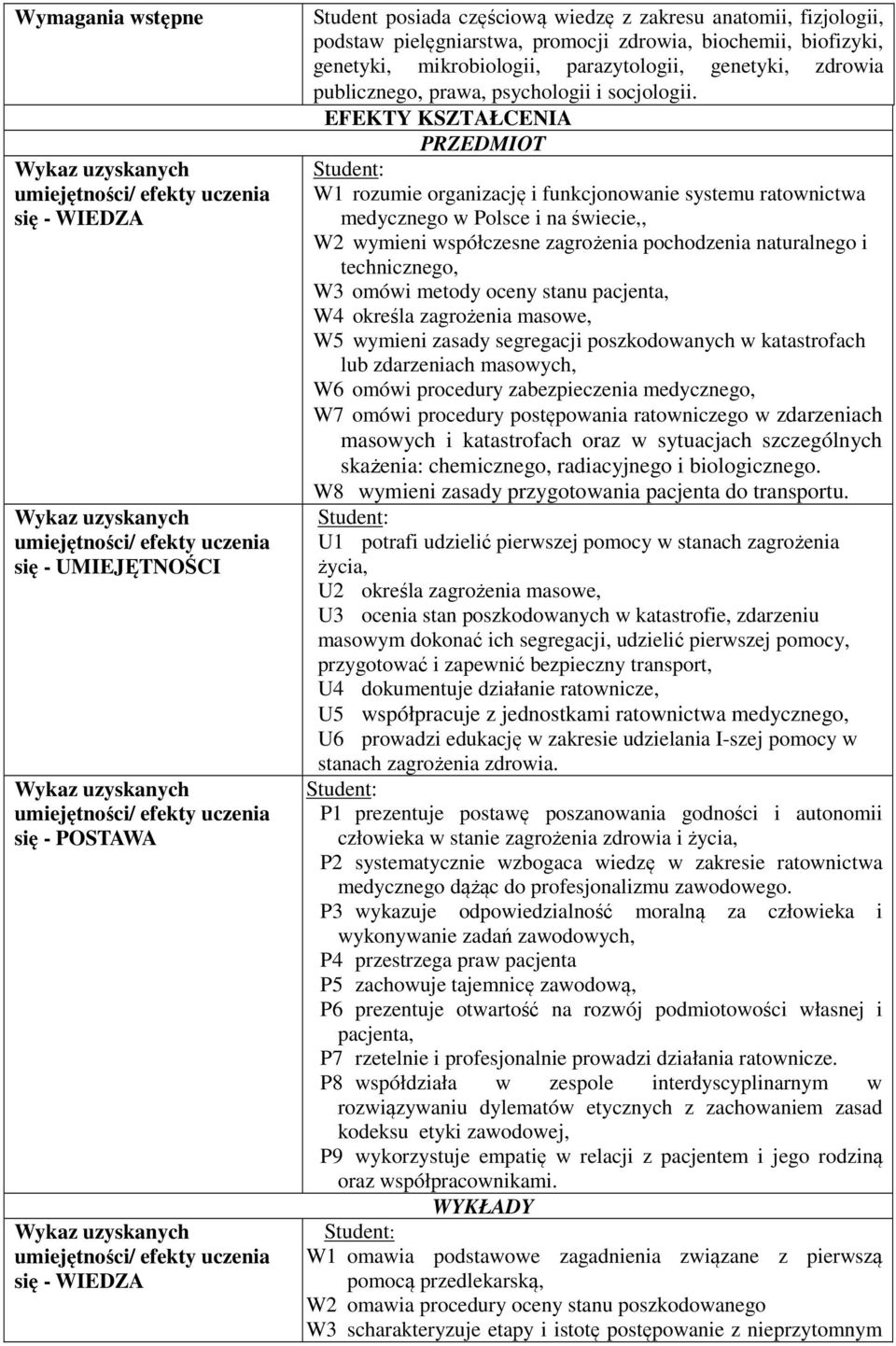 EFEKTY KSZTAŁCENIA PRZEDMIOT W rozumie organizację i funkcjonowanie systemu ratownictwa medycznego w Polsce i na świecie,, W wymieni współczesne zagrożenia pochodzenia naturalnego i technicznego, W3