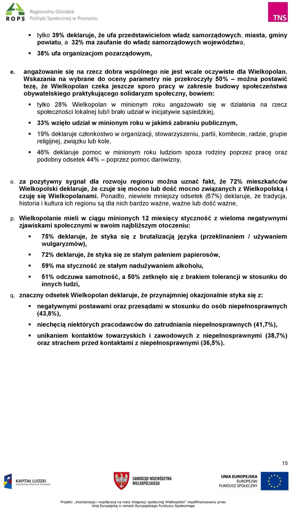 Wskazania na wybrane do oceny parametry nie przekroczyły 50% można postawić tezę, że Wielkopolan czeka jeszcze sporo pracy w zakresie budowy społeczeństwa obywatelskiego praktykującego solidaryzm