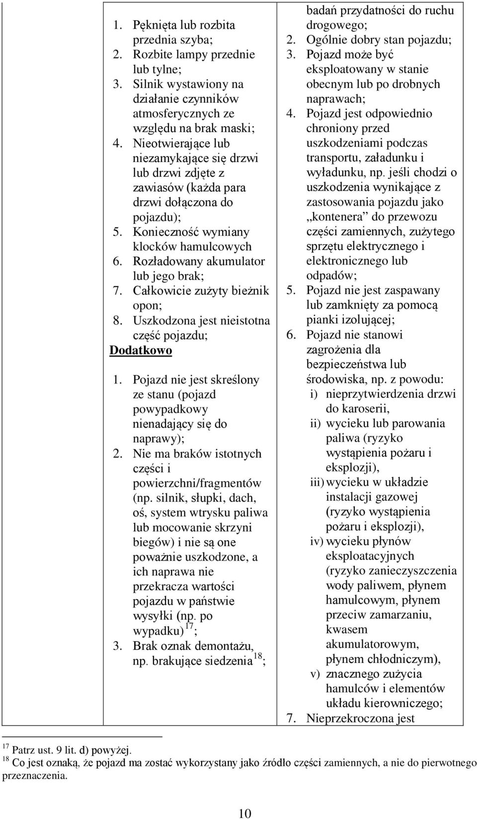 Całkowicie zużyty bieżnik opon; 8. Uszkodzona jest nieistotna część pojazdu; Dodatkowo 1. Pojazd nie jest skreślony ze stanu (pojazd powypadkowy nienadający się do naprawy); 2.