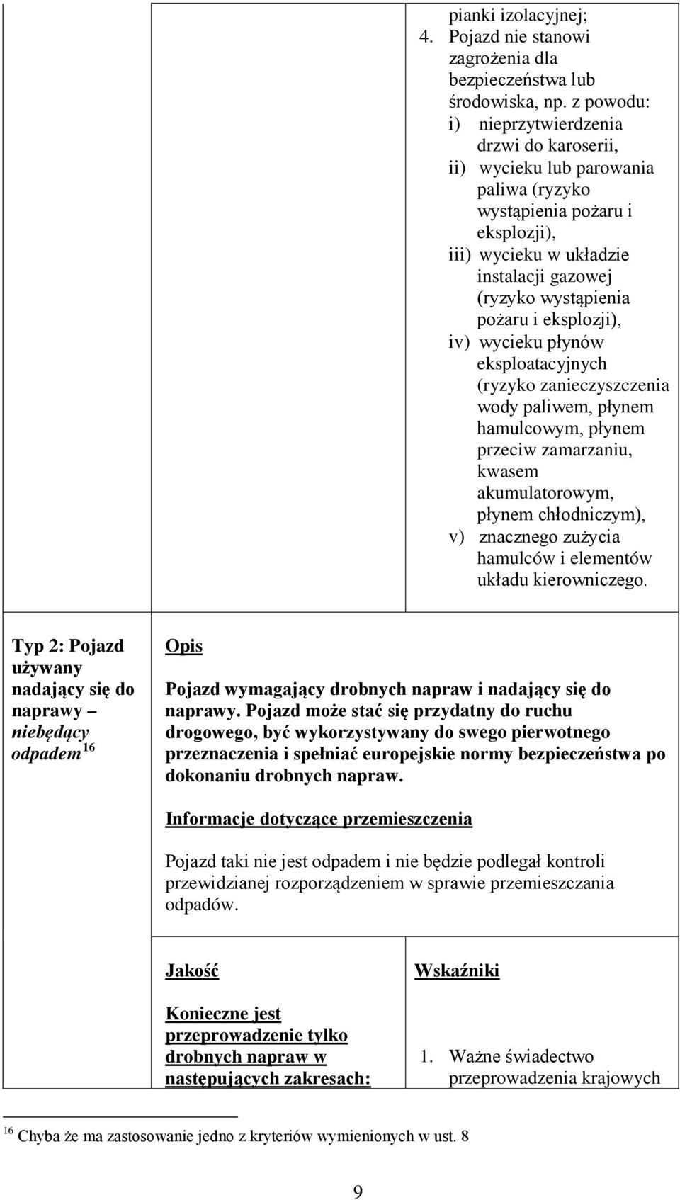 eksplozji), iv) wycieku płynów eksploatacyjnych (ryzyko zanieczyszczenia wody paliwem, płynem hamulcowym, płynem przeciw zamarzaniu, kwasem akumulatorowym, płynem chłodniczym), v) znacznego zużycia