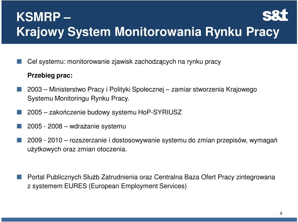 2005 zakończenie budowy systemu HoP-SYRIUSZ 2005-2008 wdrażanie systemu 2009-2010 rozszerzanie i dostosowywanie systemu do zmian