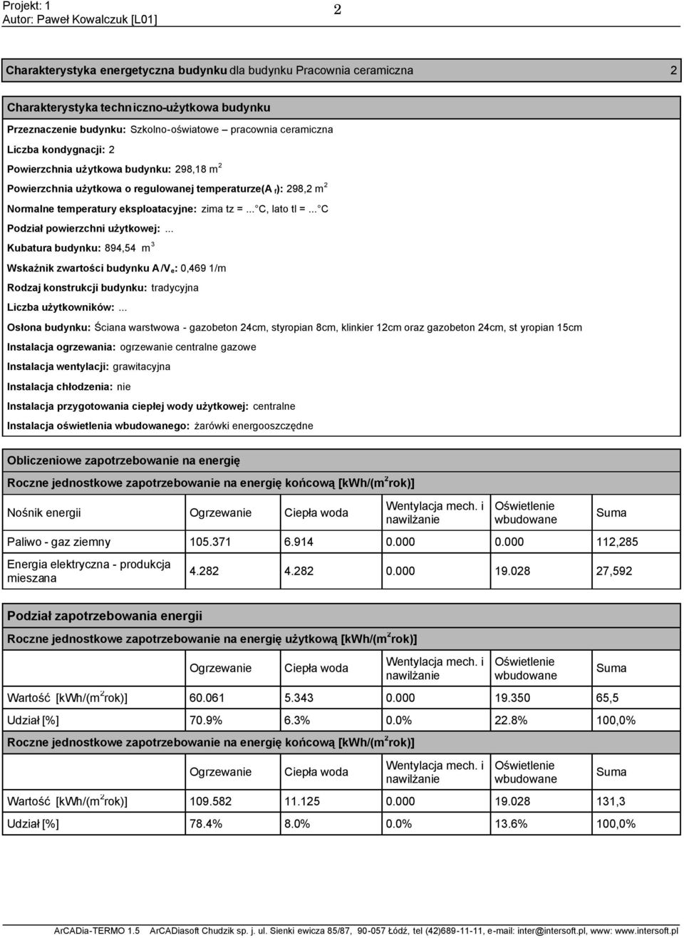 .. Kubatura budynku: 894,54 m 3 Wskaźnik zwartości budynku A/V e: 0,469 /m Rodzaj konstrukcji budynku: dycy n Liczba użytkowników:.