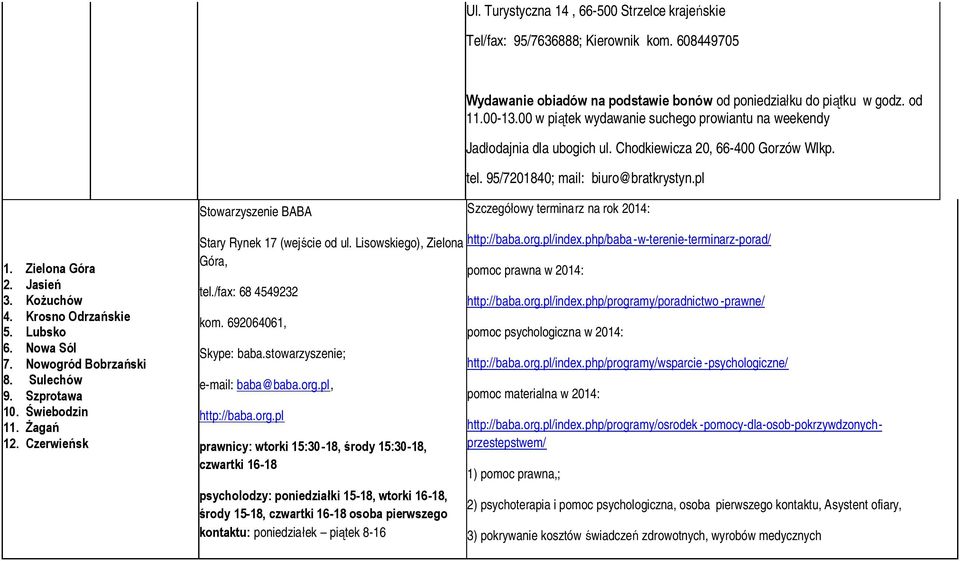 pl Stowarzyszenie BABA Szczegółowy terminarz na rok 2014: 1. Zielona Góra 2. Jasień 3. Kożuchów 4. Krosno Odrzańskie 5. Lubsko 6. Nowa Sól 7. Nowogród Bobrzański 8. Sulechów 9. Szprotawa 10.