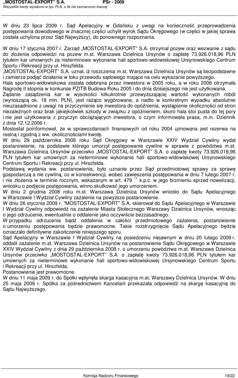 NajwyŜszy), do ponownego rozpoznania. W dniu 17 stycznia 2007 r. Zarząd MOSTOSTAL-EXPORT S.A. otrzymał pozew oraz wezwanie z sądu do złoŝenia odpowiedzi na pozew m.st. Warszawa Dzielnica Ursynów o zapłatę 73.