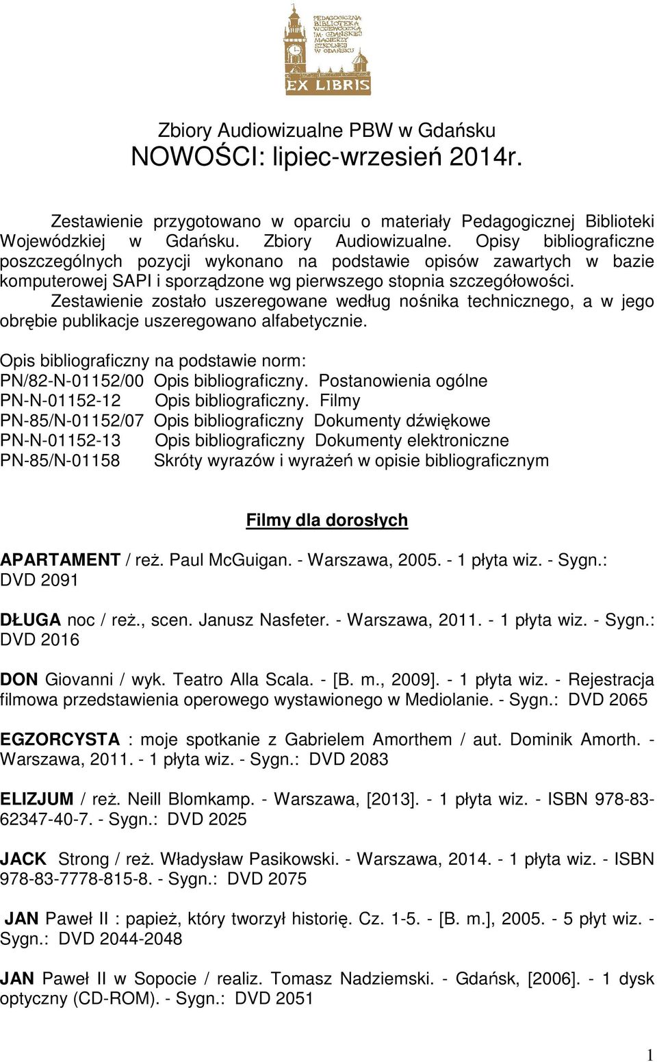 Zestawienie zostało uszeregowane według nośnika technicznego, a w jego obrębie publikacje uszeregowano alfabetycznie. Opis bibliograficzny na podstawie norm: PN/82-N-01152/00 Opis bibliograficzny.