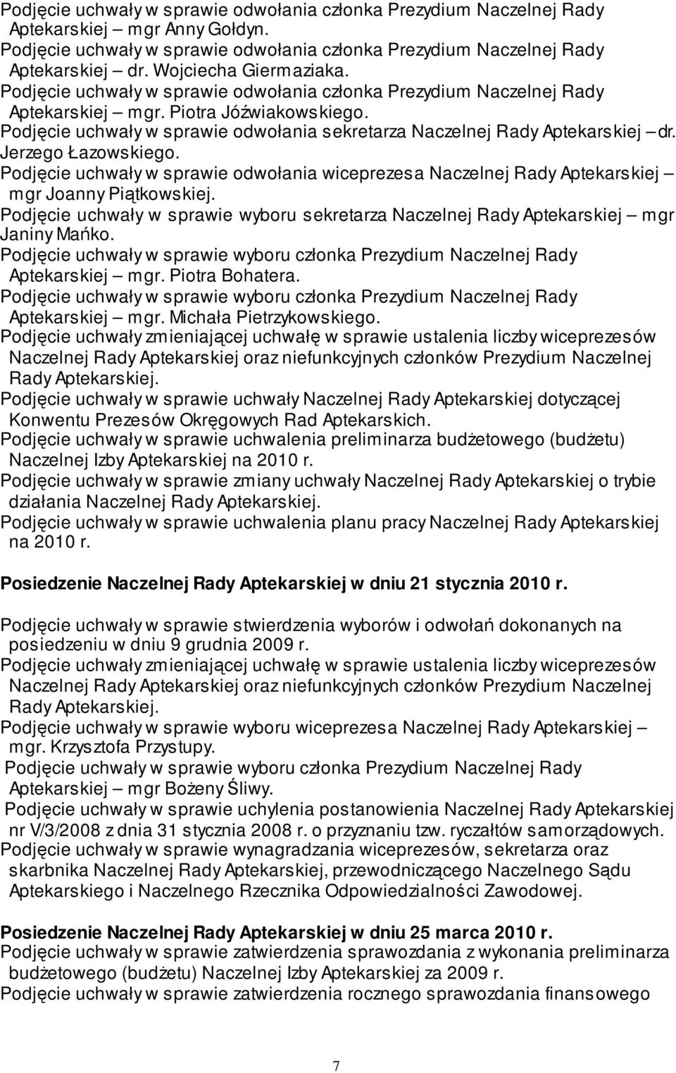 Podjęcie uchwały w sprawie odwołania sekretarza Naczelnej Rady Aptekarskiej dr. Jerzego Łazowskiego.