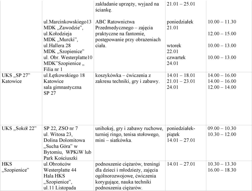 poniedziałek 21.01 wtorek 22.01 czwartek 24.01 21.01 23.01 24.01 10.00 11.30 12.00 15.00 14.00 16.00 14.00 16.00 12.00 14.00 UKS Sokół 22 SP 22, ZSO nr 7 ul.