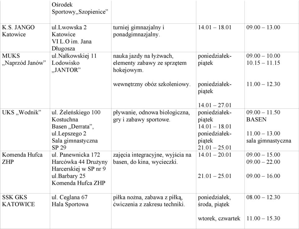 lepszego 2 Sala gimnastyczna SP 29 Komenda Hufca ZHP ul. Panewnicka 172 Harcówka 44 Drużyny Harcerskiej w SP nr 9 ul.barbary 25 Komenda Hufca ZHP pływanie, odnowa biologiczna, gry i zabawy sportowe.