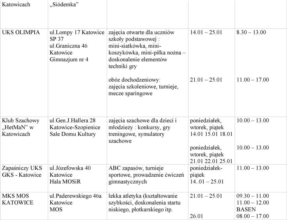 józefowska 40 Hala MOSiR zajęcia szachowe dla dzieci i młodzieży : konkursy, gry treningowe, symulatory szachowe ABC zapasów, turnieje sportowe, prowadzenie ćwiczeń gimnastycznych poniedziałek,