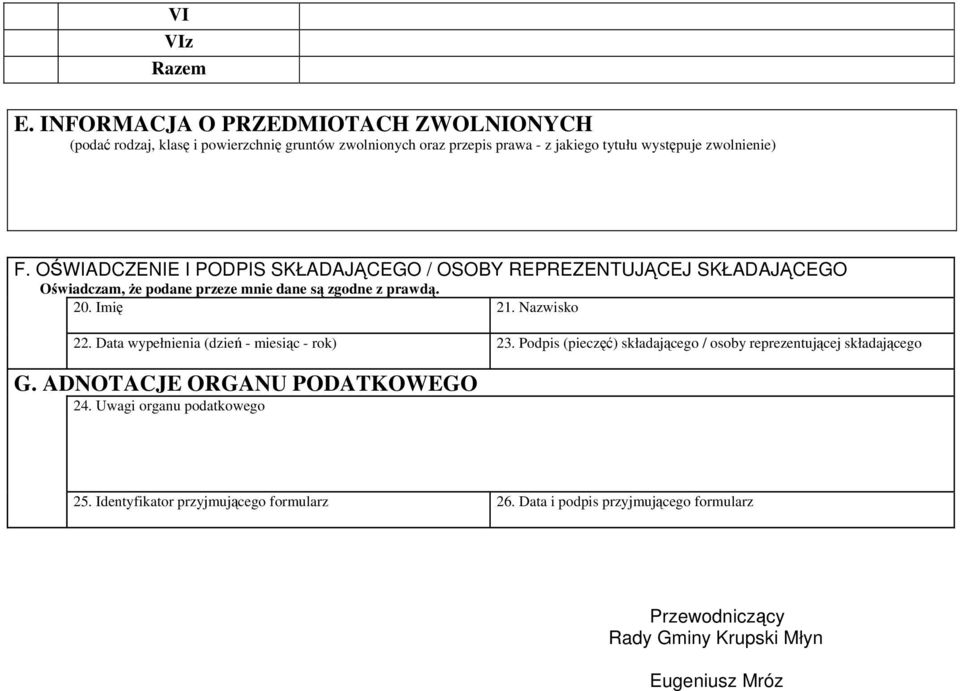 OŚWADCZENE PODPS SKŁADAJĄCEGO / OSOBY REPREZENTUJĄCEJ SKŁADAJĄCEGO Oświadczam, że podane przeze mnie dane są zgodne z prawdą. 20. mię 21. Nazwisko 22.