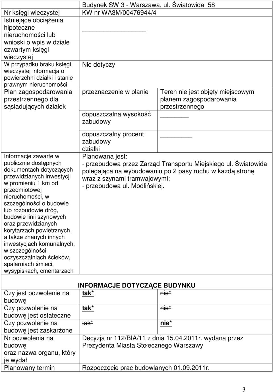 km od przedmiotowej nieruchomości, w szczególności o budowie lub rozbudowie dróg, budowie linii szynowych oraz przewidzianych korytarzach powietrznych, a także znanych innych inwestycjach