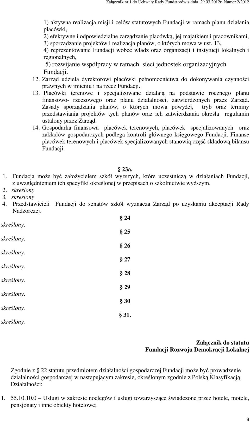 13, 4) reprezentowanie Fundacji wobec władz oraz organizacji i instytucji lokalnych i regionalnych, 5) rozwijanie współpracy w ramach sieci jednostek organizacyjnych Fundacji. 12.