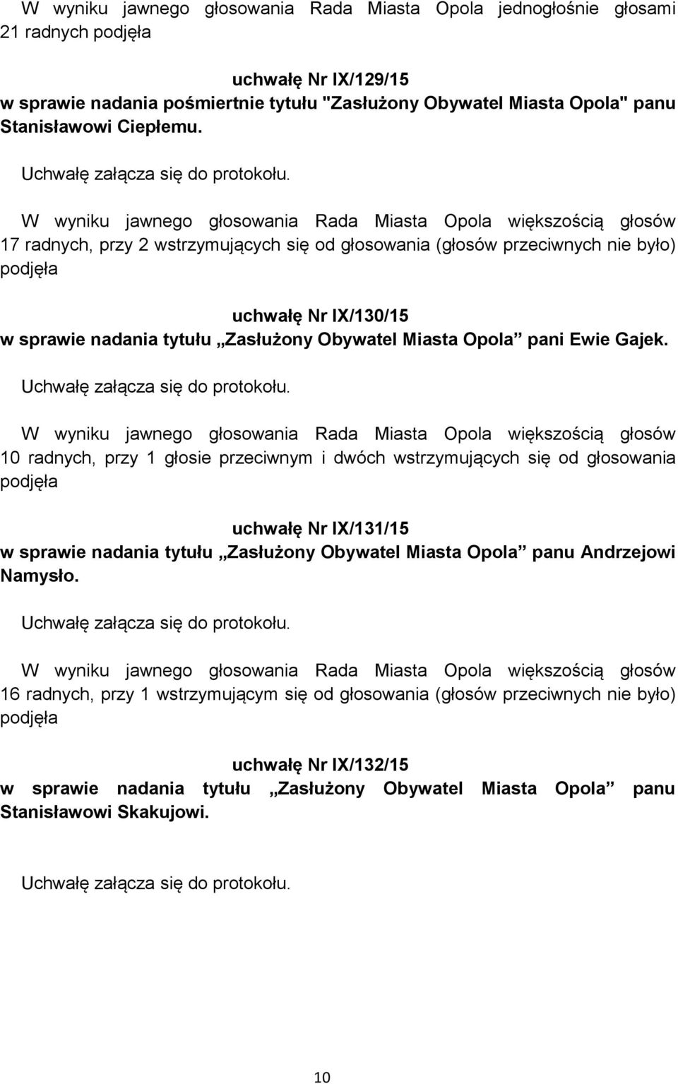 17 radnych, przy 2 wstrzymujących się od głosowania (głosów przeciwnych nie było) uchwałę Nr IX/130/15 w sprawie nadania tytułu Zasłużony Obywatel Miasta Opola pani Ewie Gajek.