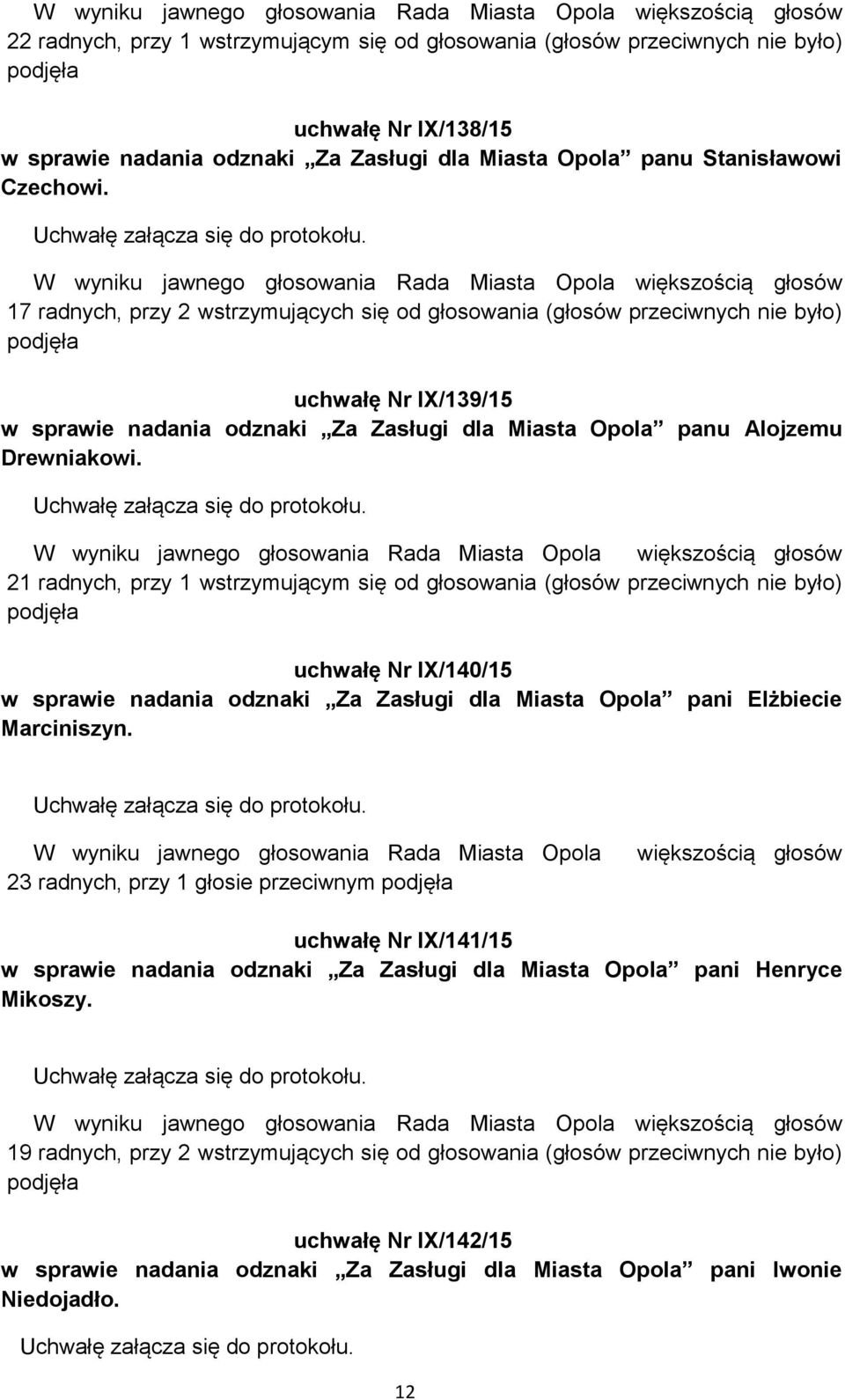 21 radnych, przy 1 wstrzymującym się od głosowania (głosów przeciwnych nie było) uchwałę Nr IX/140/15 w sprawie nadania odznaki Za Zasługi dla Miasta Opola pani Elżbiecie Marciniszyn.