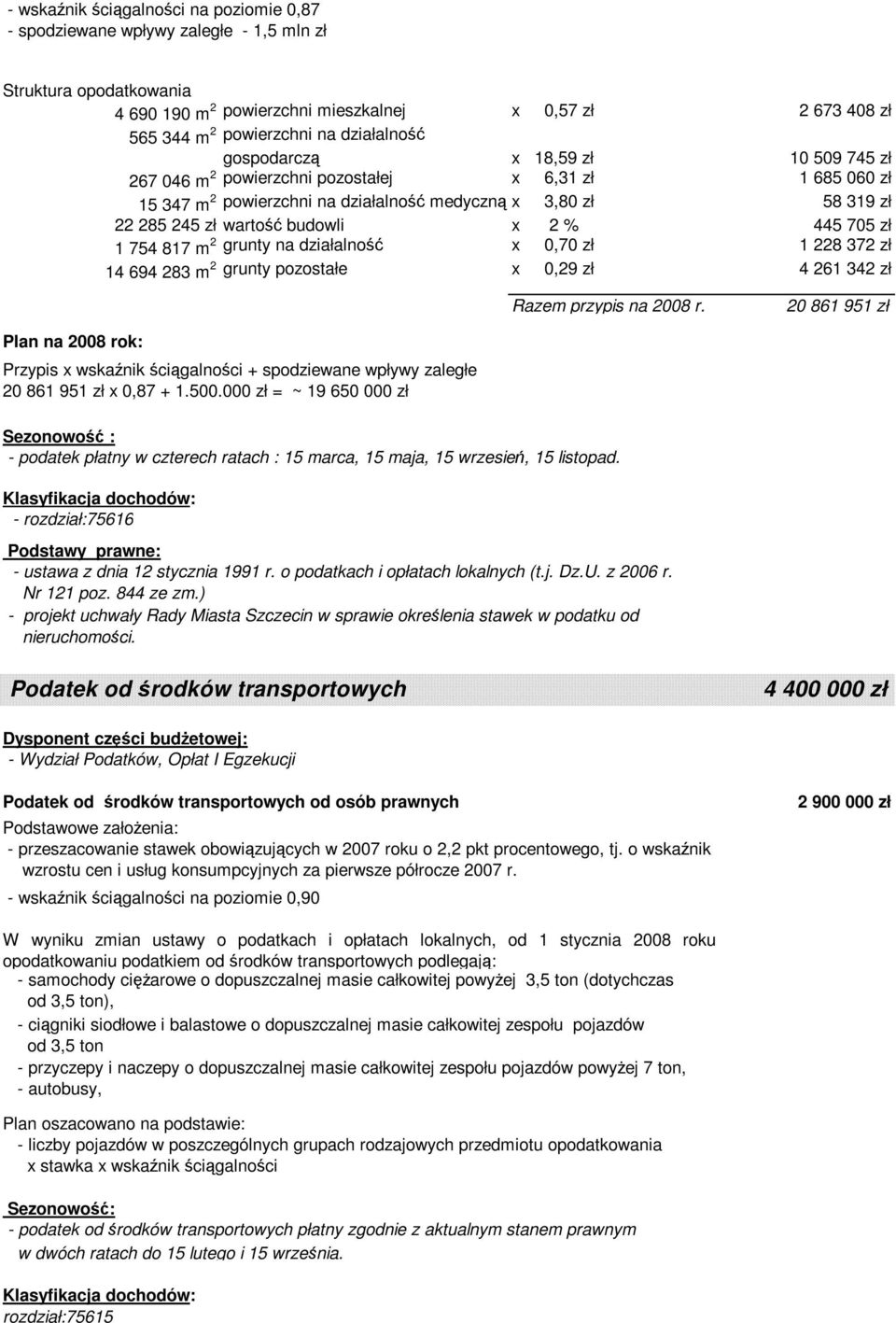 budowli x 2 % 445 705 zł 1 754 817 m 2 grunty na działalność x 0,70 zł 1 228 372 zł 14 694 283 m 2 grunty pozostałe x 0,29 zł 4 261 342 zł Razem przypis na 2008 r.