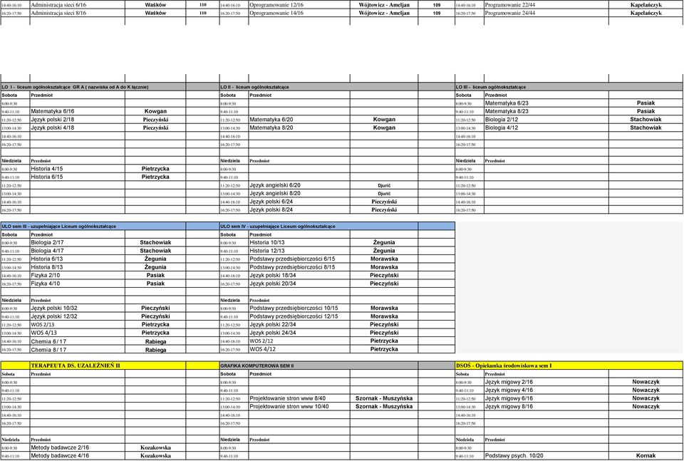 LO III - liceum ogólnokształcące Sobota Przedmiot Sobota Przedmiot Sobota Przedmiot Matematyka 6/23 Pasiak 9:40-11:10 Matematyka 6/16 Kowgan 9:40-11:10 9:40-11:10 Matematyka 8/23 Pasiak 11:20-12:50