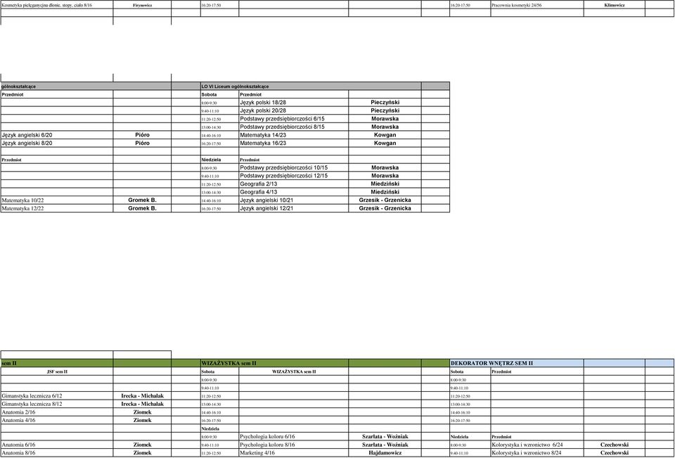 Język angielski 6/20 Pióro 14:40-16:10 Matematyka 14/23 Kowgan Język angielski 8/20 Pióro 16:20-17:50 Matematyka 16/23 Kowgan Przedmiot Niedziela Przedmiot 8:00-9:30 Podstawy przedsiębiorczości 10/15