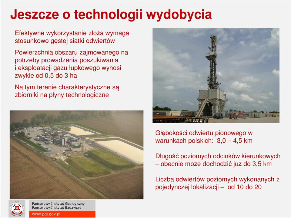 charakterystyczne są zbiorniki na płyny technologiczne Głębokości odwiertu pionowego w warunkach polskich: 3,0 4,5 km Długość