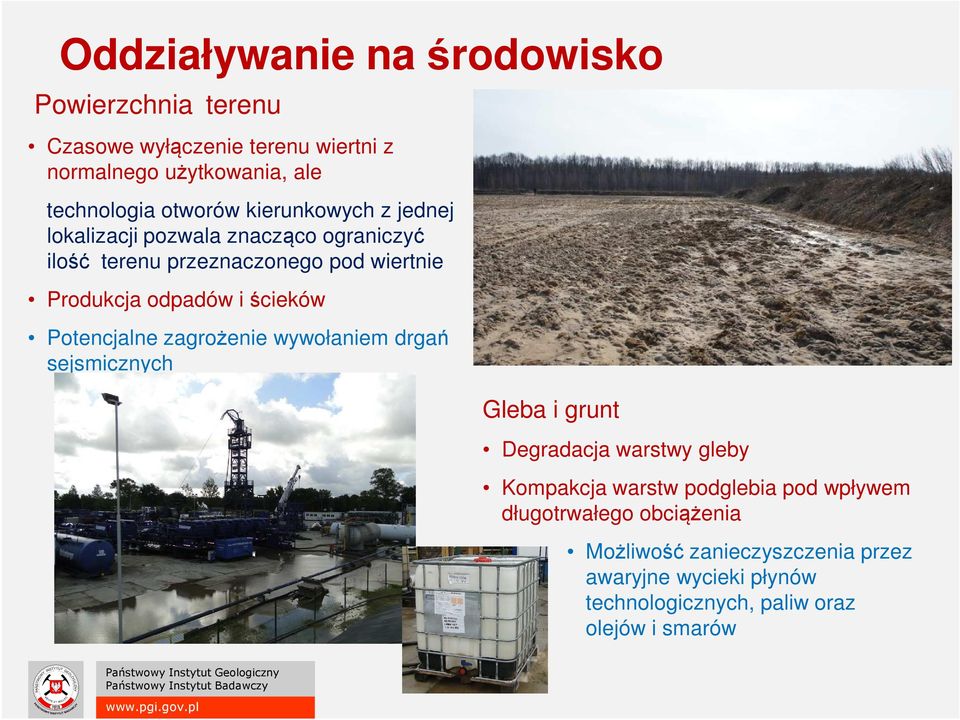 i ścieków Potencjalne zagrożenie wywołaniem drgań sejsmicznych Gleba i grunt Degradacja warstwy gleby Kompakcja warstw podglebia