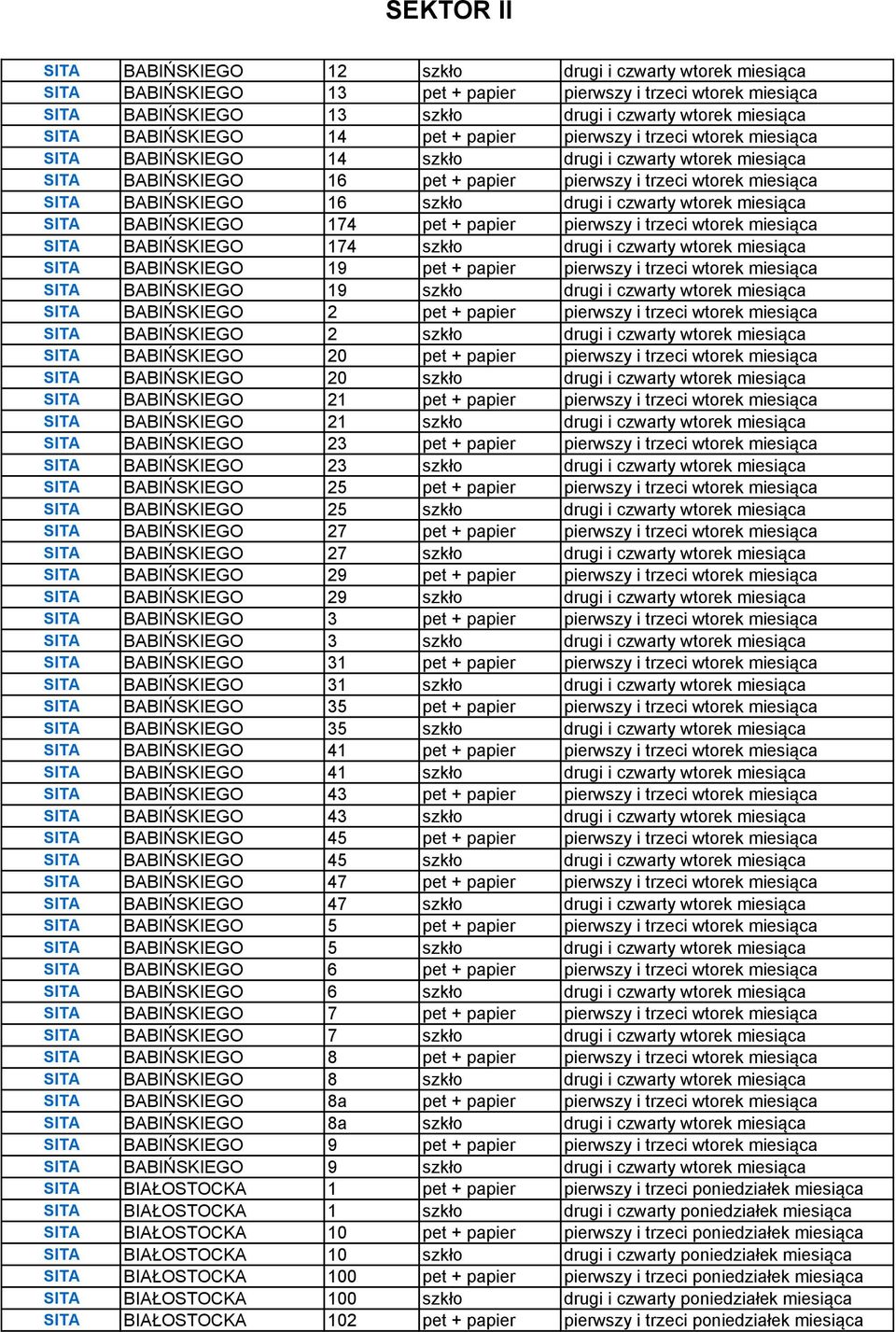 miesiąca BABIŃSKIEGO 174 pet + papier pierwszy i trzeci wtorek miesiąca BABIŃSKIEGO 174 szkło drugi i czwarty wtorek miesiąca BABIŃSKIEGO 19 pet + papier pierwszy i trzeci wtorek miesiąca BABIŃSKIEGO
