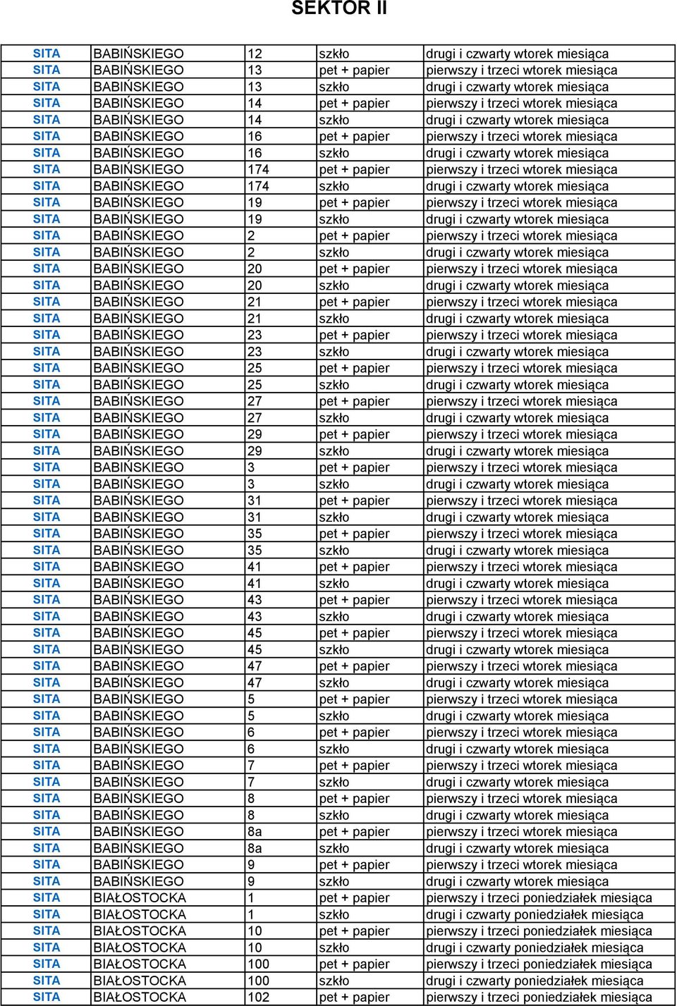 miesiąca BABIŃSKIEGO 174 pet + papier pierwszy i trzeci wtorek miesiąca BABIŃSKIEGO 174 szkło drugi i czwarty wtorek miesiąca BABIŃSKIEGO 19 pet + papier pierwszy i trzeci wtorek miesiąca BABIŃSKIEGO