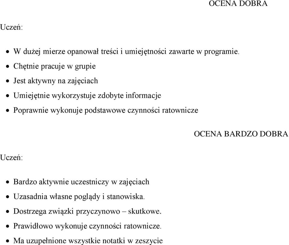 wykonuje podstawowe czynności ratownicze OCENA BARDZO DOBRA Bardzo aktywnie uczestniczy w zajęciach Uzasadnia