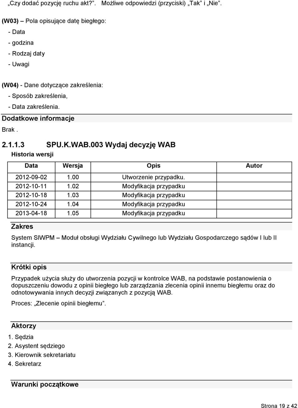 003 Wydaj decyzję WAB Historia wersji Data Wersja Opis Autor 2012-09-02 1.00 Utworzenie przypadku. 2012-10-11 1.02 Modyfikacja przypadku 2012-10-18 1.03 Modyfikacja przypadku 2012-10-24 1.