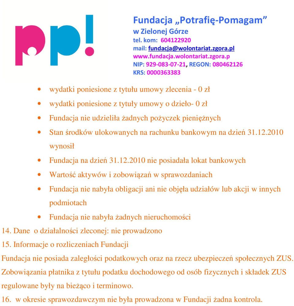 2010 wynosił Fundacja na 2010 nie posiadała lokat bankowych Wartość aktywów i zobowiązań w sprawozdaniach Fundacja nie nabyła obligacji ani nie objęła udziałów lub akcji w innych podmiotach Fundacja