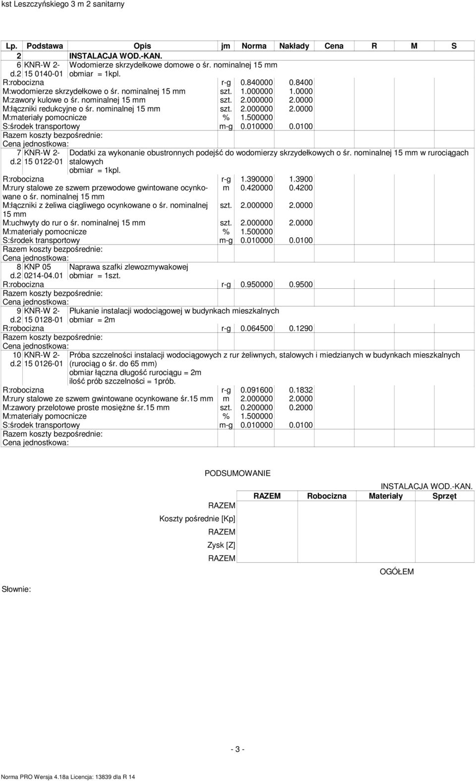 2 15 0122-01 Dodatki za wykonanie obustronnych podejść do wodomierzy skrzydełkowych o śr. nominalnej 15 mm w rurociągach stalowych obmiar = 1kpl. R:robocizna r-g 1.390000 1.